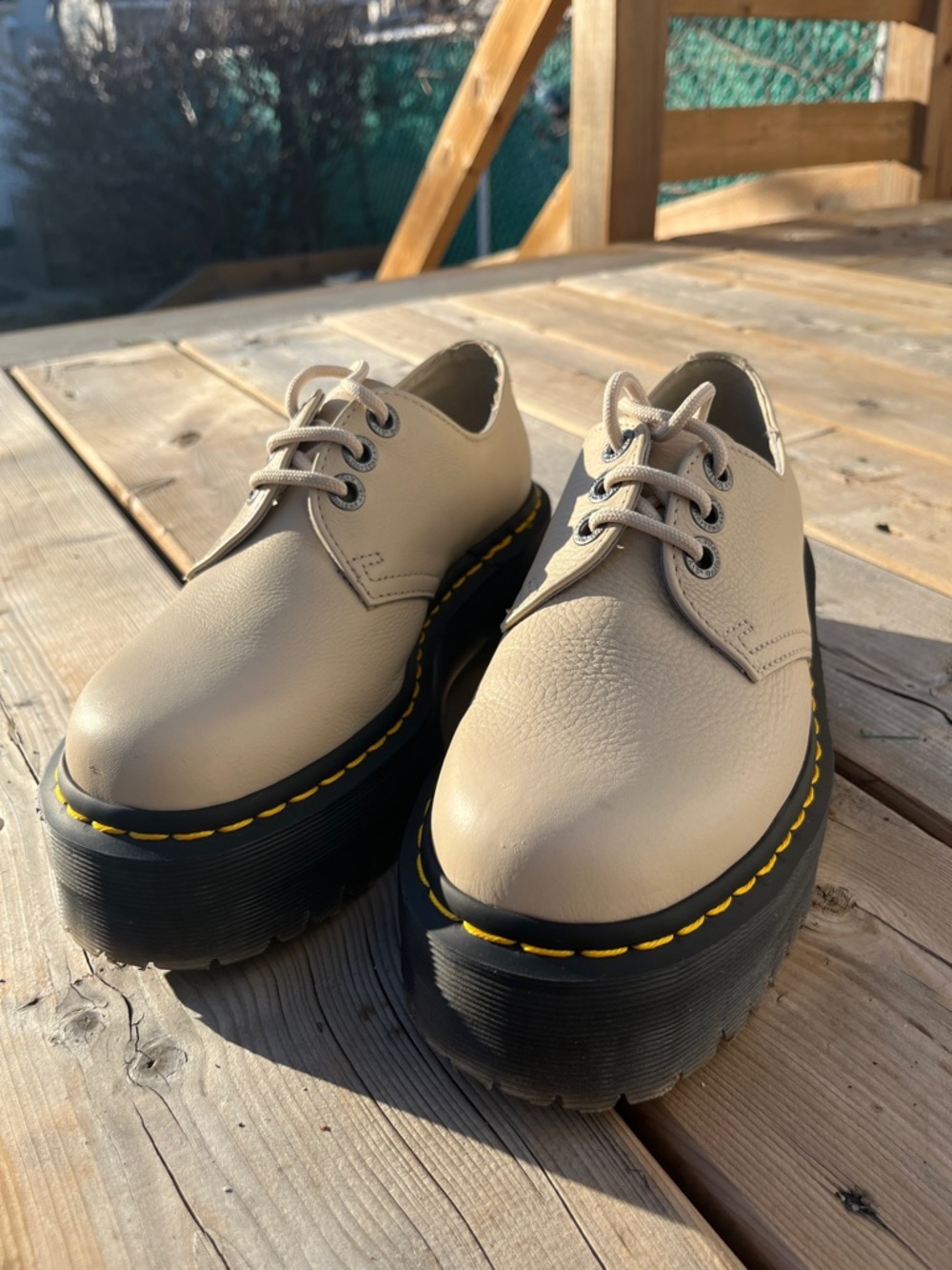 Chunky Platform Oxfords in Beige with Yellow Stitching